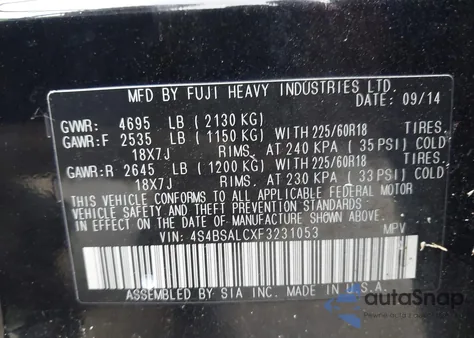 2015 Subaru Outback 2.5I Limited from USA, damaged, VIN 4S4BSALCXF3231053